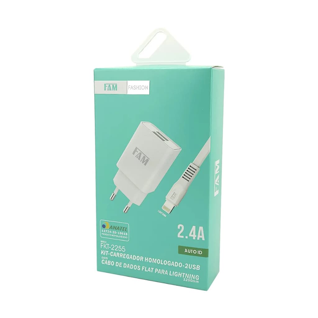 Kit Carregador Tomada FAM FKT-2255 2.4A para Iphone Branco