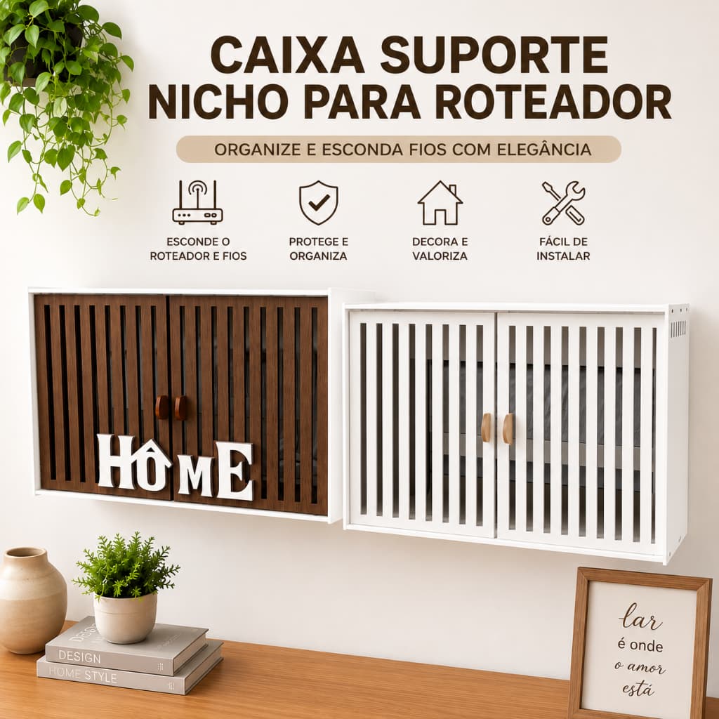 Caixa Suporte Nicho para Roteador em MDF BRANCO/MARRON e BRANCO Para Parede em MDF 2 Portas