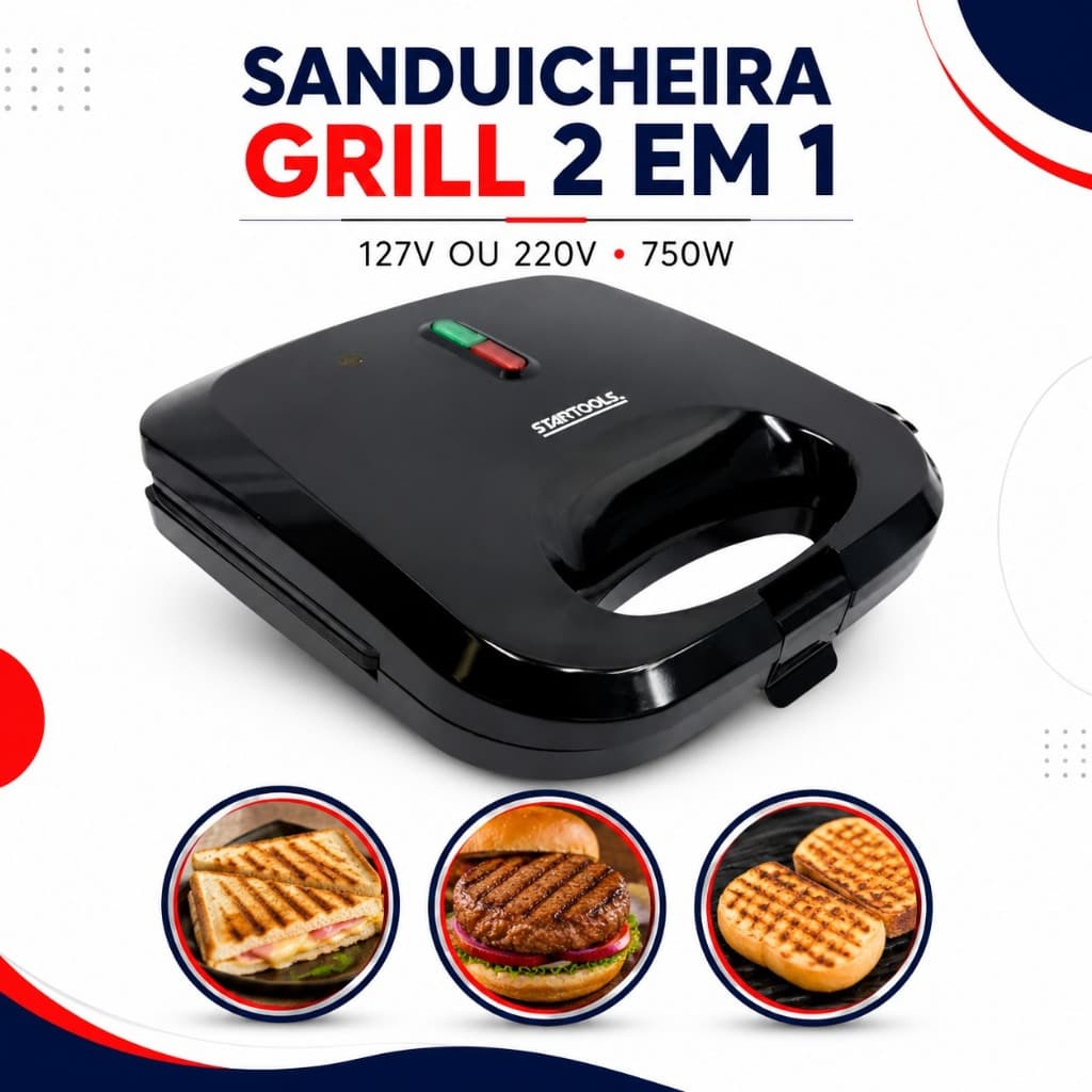 Sanduicheira Grill Elétrica Startools 2 Em 1 Antiaderente 750w 127v ou 220v