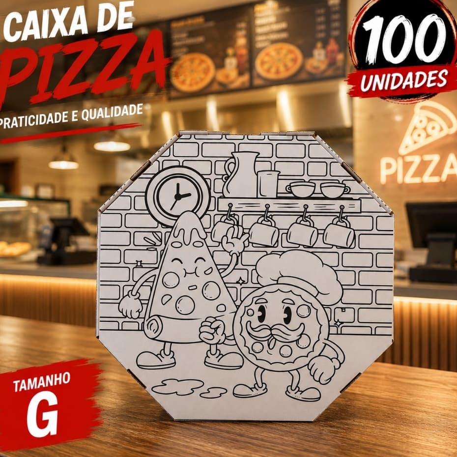 CAIXA DE PIZZA OITAVADA PERSONALIZADA CHEGOU A PIZZA! 35CM - Kit100 UNI DELIVERY IFOOD