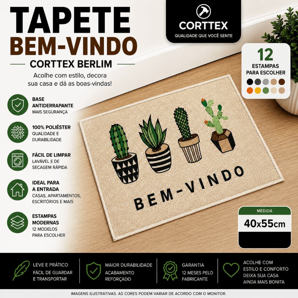 Tapete Bem-Vindo Corttex 40x55cm Antiderrapante Estampado Porta de Entrada 12 Modelos