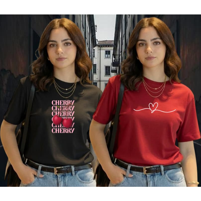 Kit 2 T-Shirt Feminina 100% Algodão Camiseta Estampada Retrô Estilosa Cereja Romântica Envio Imediato