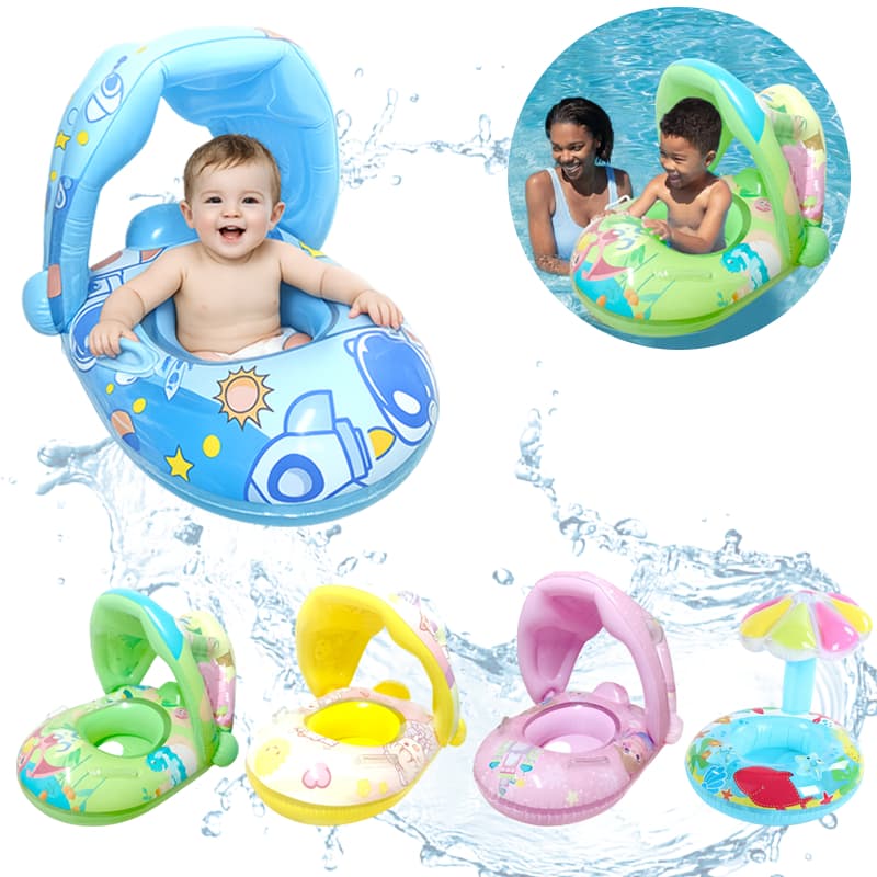 Boia com Cobertura Fralda Inflável Infantil Com Assento Bebe Brinquedo Piscina/Praia Guarda Sol