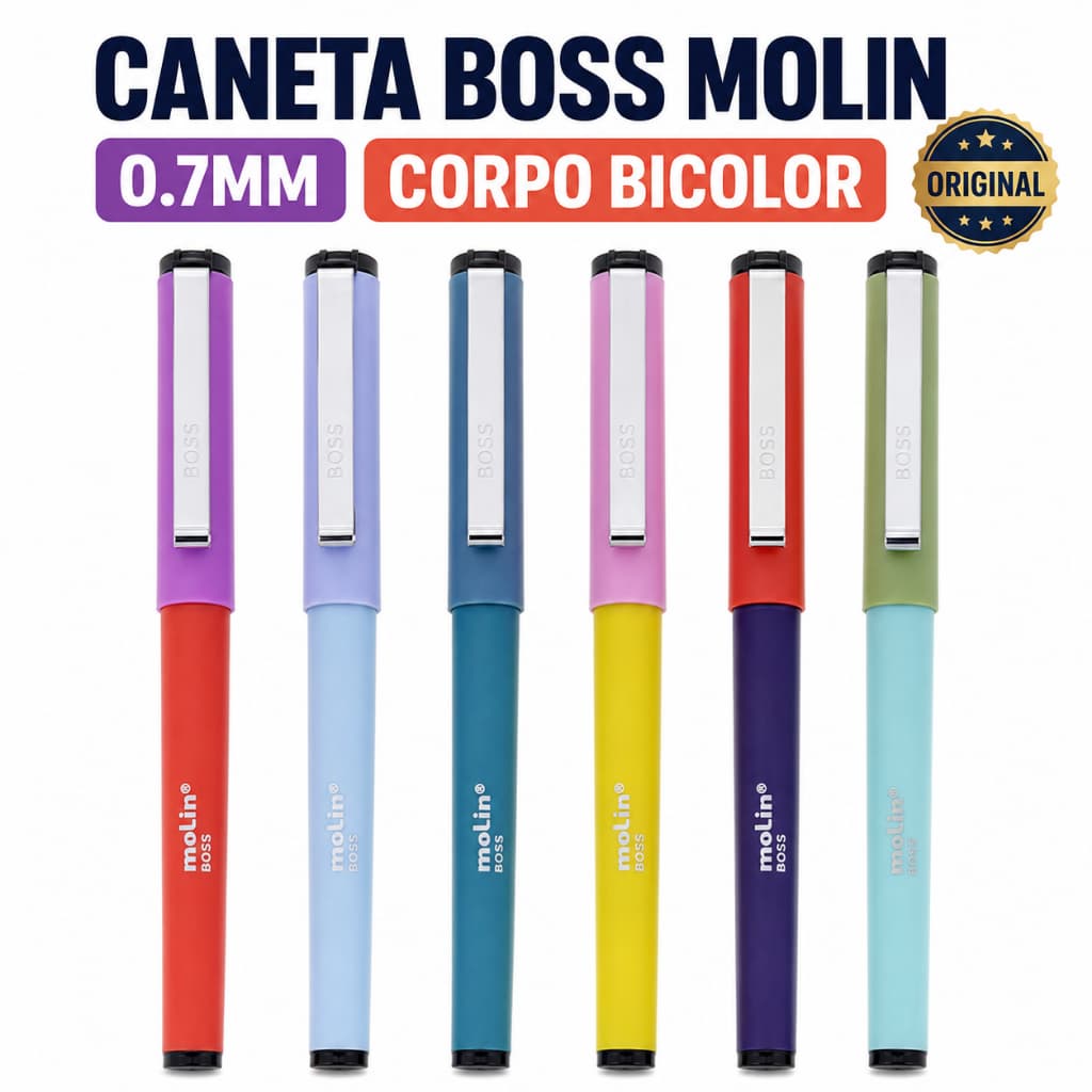 Caneta Esferográfica Boss Molin 0,7mm Tinta Azul Ponta Fina Grip Antiderrapante Corpo Colorido Clip Metálico