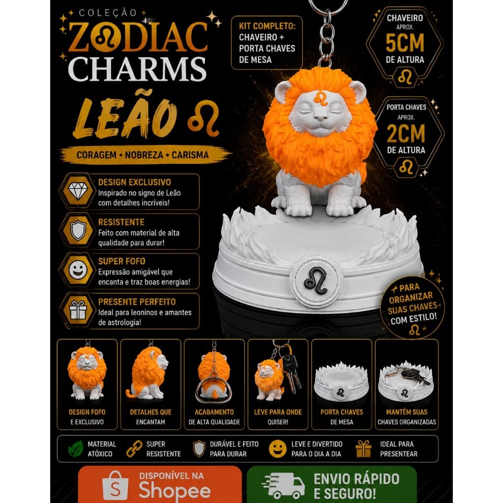 ♌ Kit Zodiac Charms – Leão | Chaveiro + Porta-Chaves de Mesa | Impressão 3D em PLA