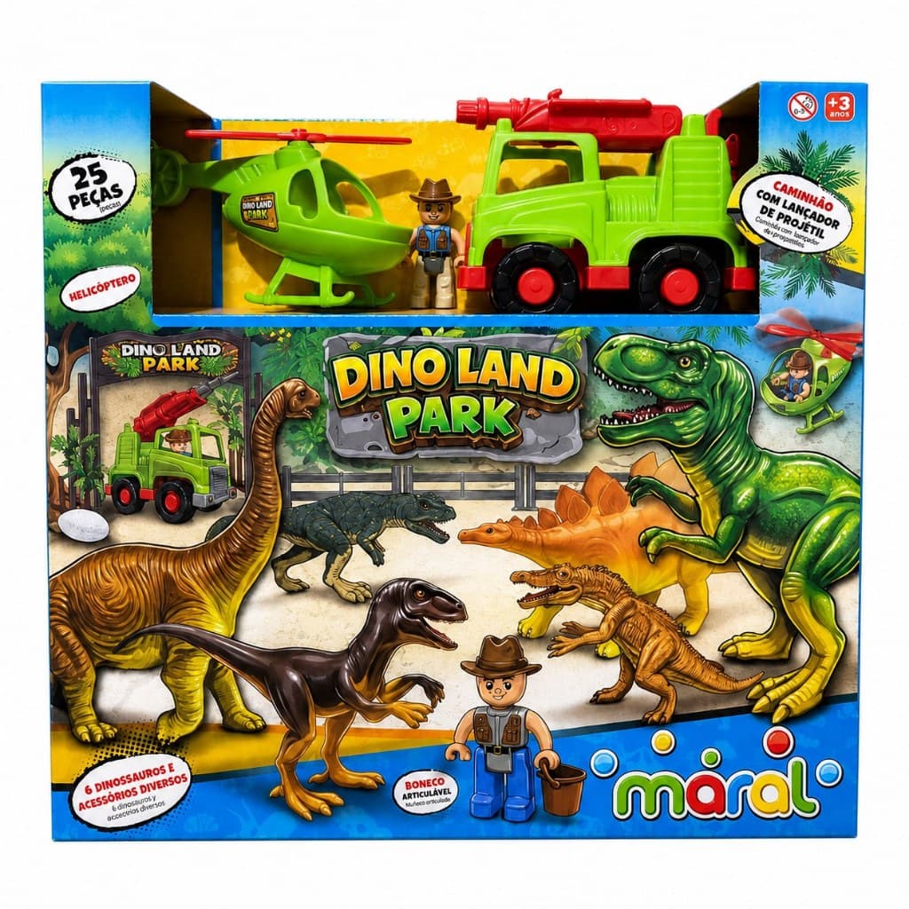 Dino Land Park Maral Kit Dinossauro Infantil 25 Peças Caminhão Lançador Helicóptero Boneco Parque Dinossauros Brinquedo