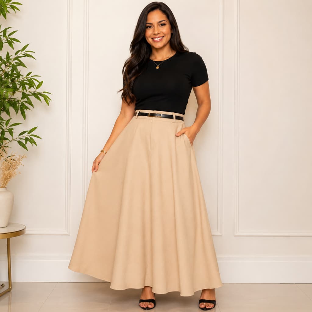 Saia longa Feminina Alfaiataria Moda Evangélica Casual  Cintura Alta Elegante sem cinto