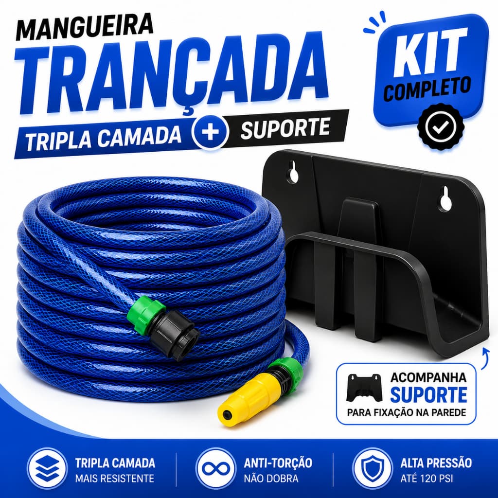 Mangueira Trançada Azul Tripla Camada Com Suporte - 05 a 40 Metros