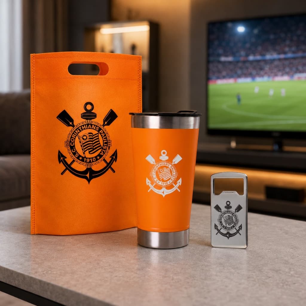 Copo Termico Inox c/ tampa e abridor personalizado Kit Presente Corinthians Sacola Cerveja Churrasco