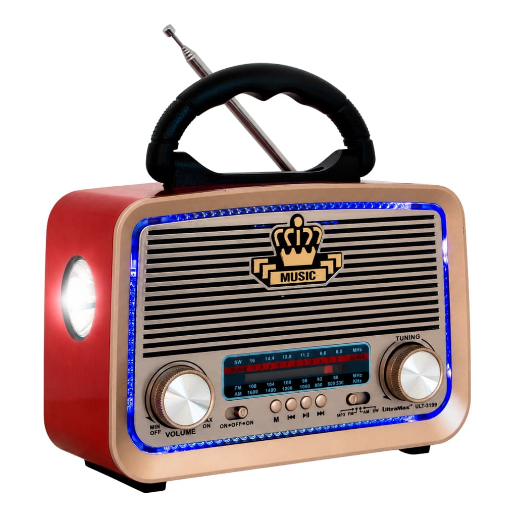 Rádio Retrô Vintage Bluetooth UltraMax ULT-3199 Portátil FM AM SW USB TF Lanterna LED Bivolt