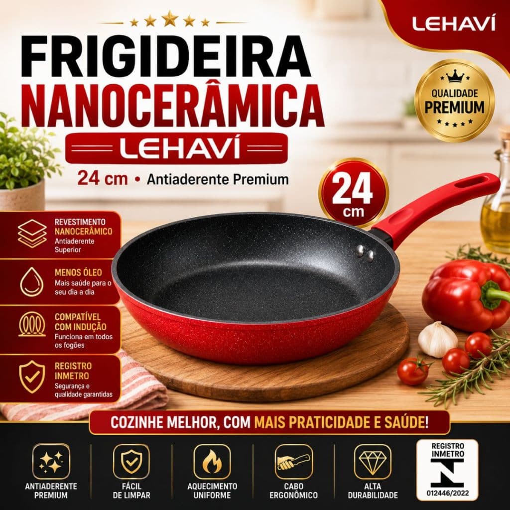 Frigideira Nanoceramica 24cm Antiaderente Alta Durabilidade Cozinha Vermelha