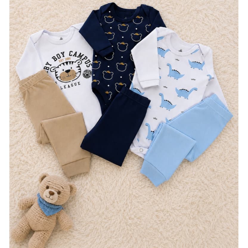 Kit 6 Peças Bebê Menino 100% Algodão | 3 Body Manga Longa + Calça | RN ao GG | Closet Infantil