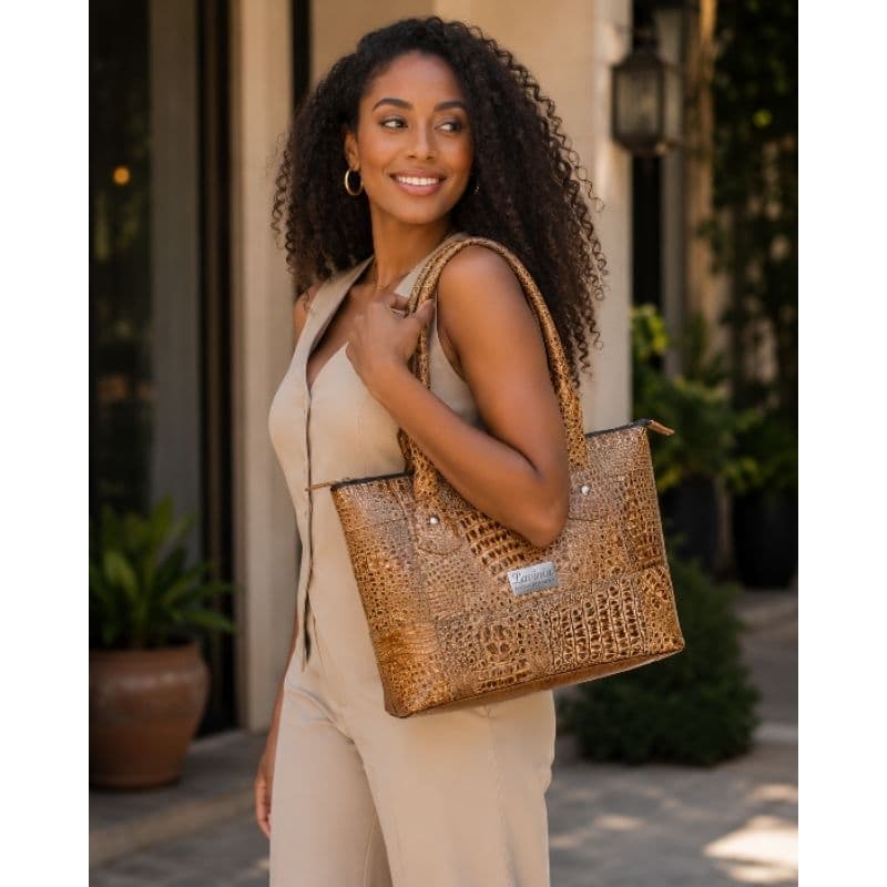 Bolsa Feminina Lavínia Bolsas Modelo Safira Couro Ecológico Sintético Textura Croco Elegante