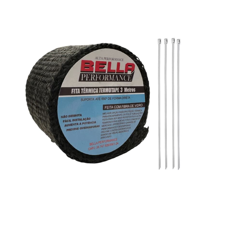 Fita Manta Térmica Termotape Preta 3 Metros + 4 Abraçadeiras para Escapamento Coletor Ar Condicionado Carro e Moto