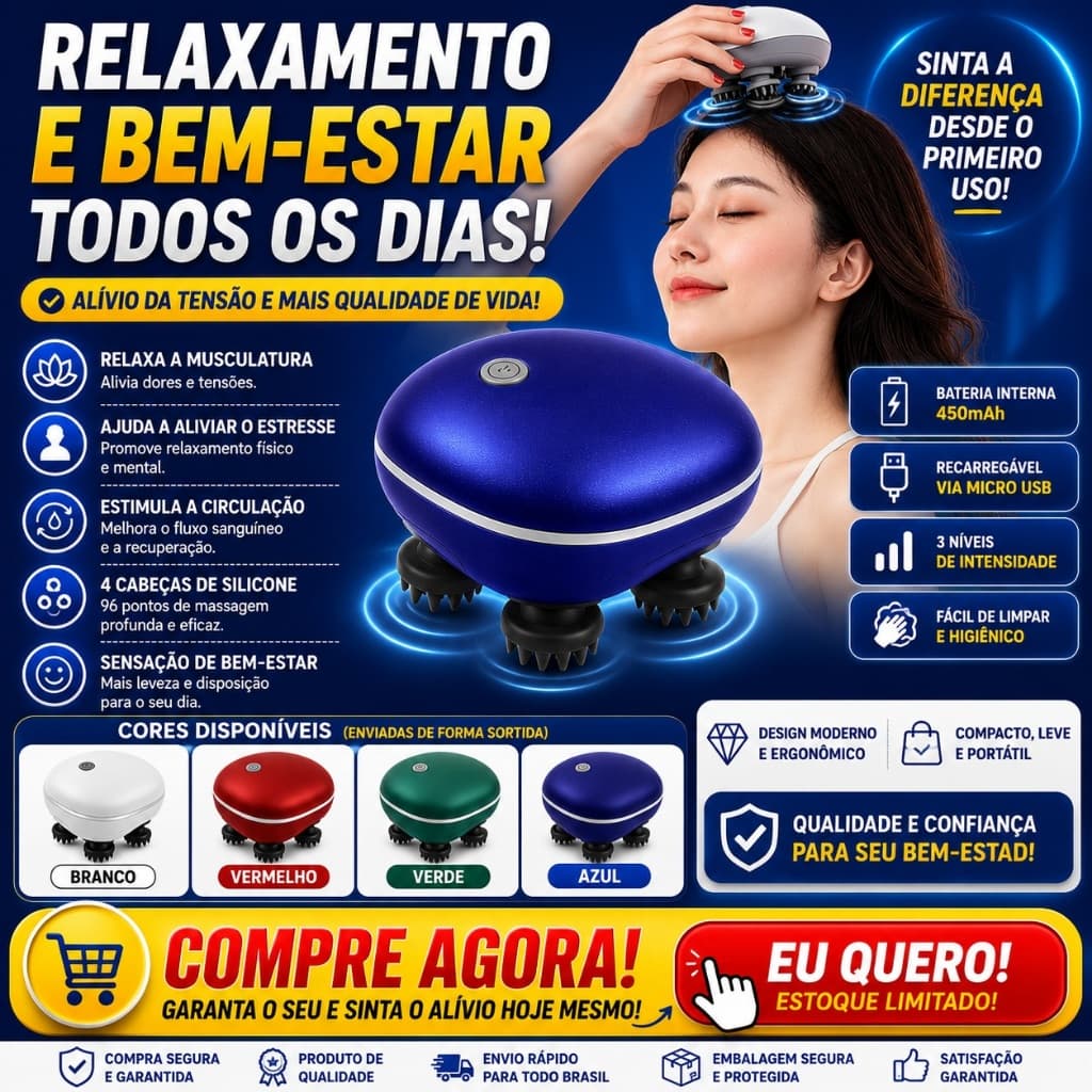 Massageador Elétrico Cabeça e Corpo Recarregável 3 Velocidades 4 Cabeças Silicone Massagem USB Bivolt
