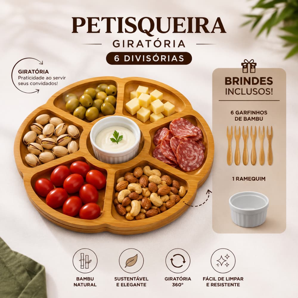 Petisqueira Bandeja Bambu Base Giratória 6 Divisórias Queijo Frios Petiscos