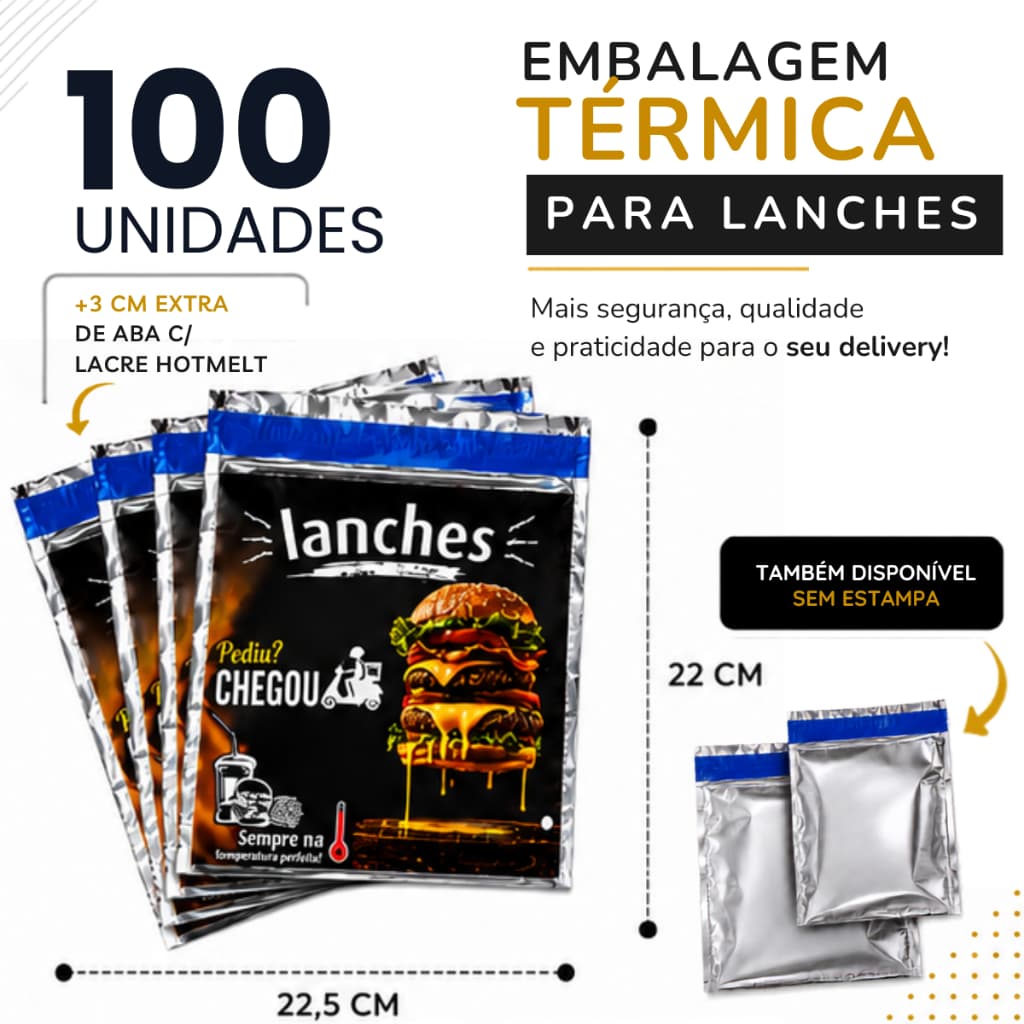 Embalagem Térmica Para Lanches 50/100/200 Unidades Metalizada 22x22,5cm