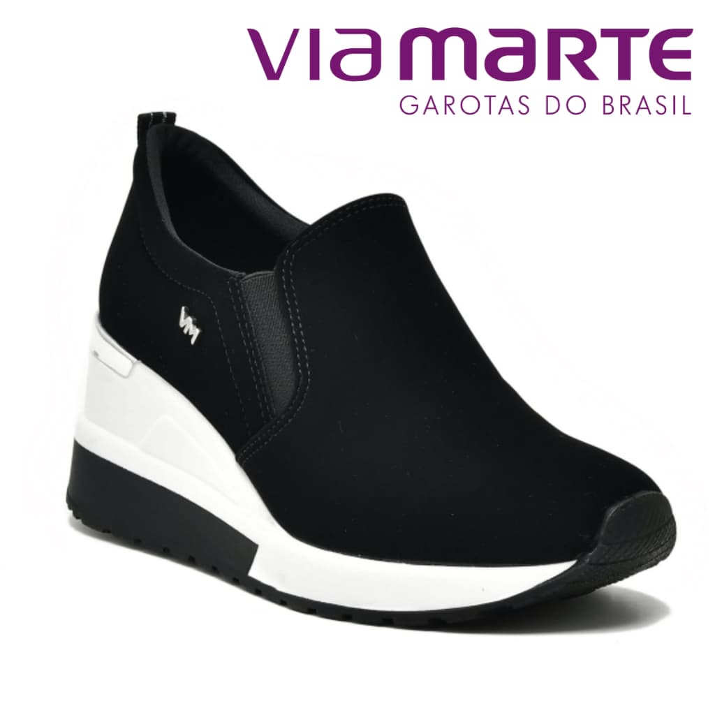 Tênis Feminino Anabela Via Marte Com Elástico Calçe Fácil Nobuck Preto Calce Fácil Plataforma Moda