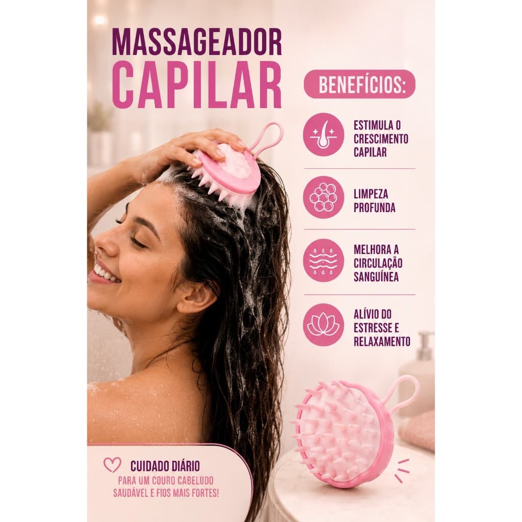 Massageador com Suporte para Box Capilar Silicone Beauty Flash Escova Massageadora Couro Cabeludo Banho Cabelo Shampoo