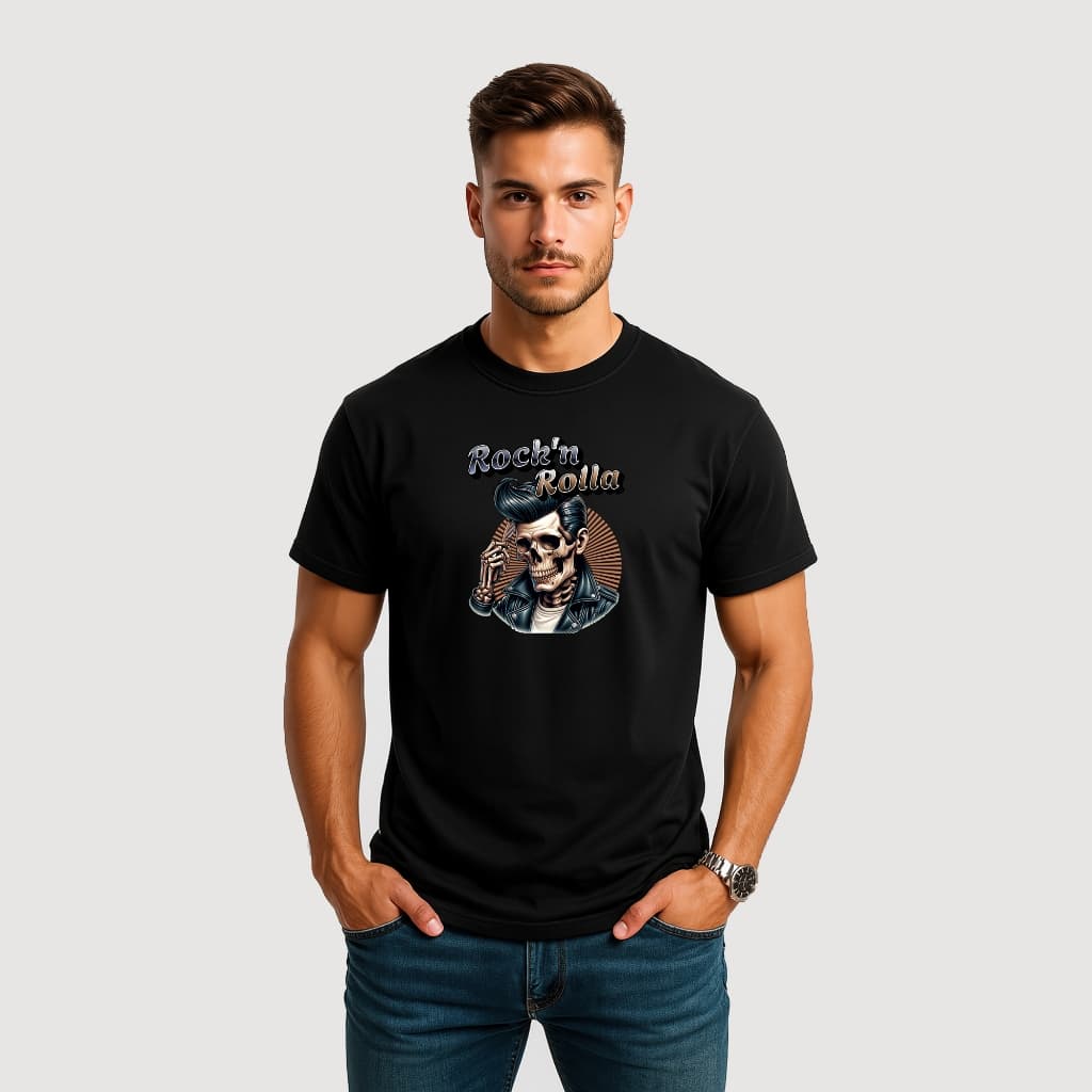 CAMISETA MASCULINA ALGODÃO CAVEIRA ROCKABILLY JAQUETA COURO PENTEANDO CABELO