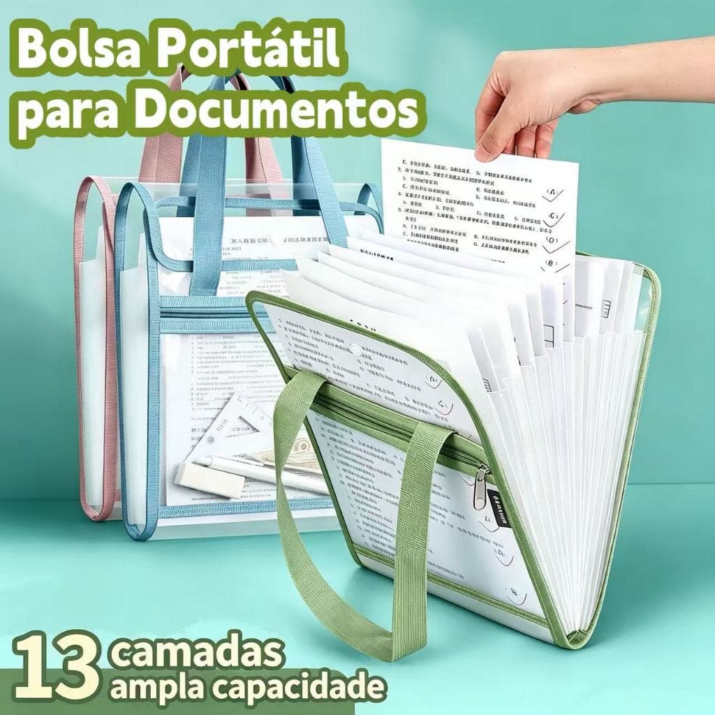 Pasta Sanfonada A4 com Alça, Malha Semitransparente, Múltiplas Divisórias e Bolso Frontal com Zíper para Documentos