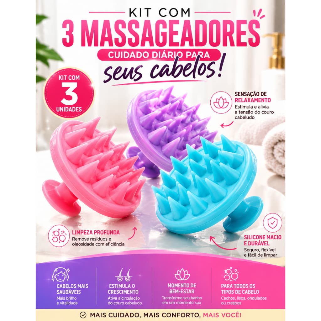 Escova Massageadora Capilar de Silicone Antiqueda para Couro Cabeludo Estimula Crescimento Circulação