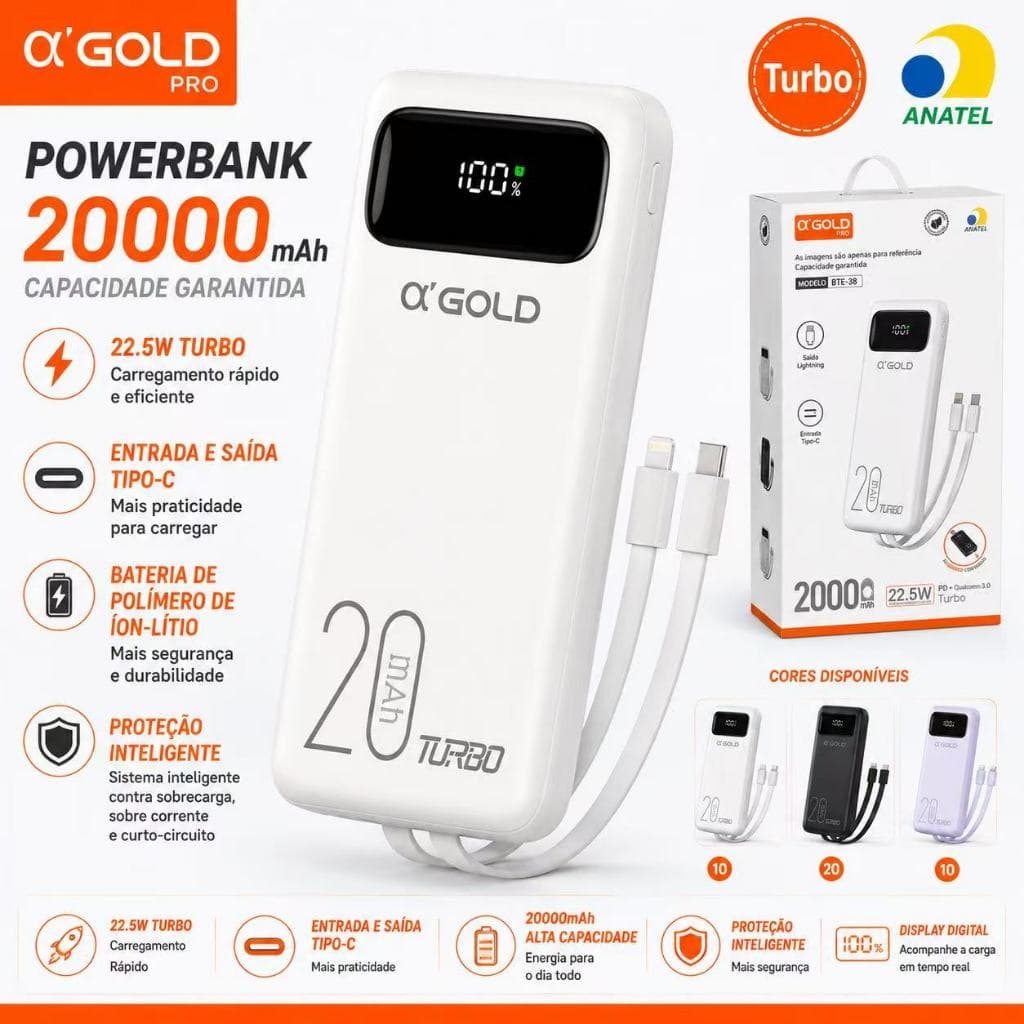 Carregador Portátil Power Bank 20000mAh 22.5W Turbo α’GOLD BTE-38 com Cabo Tipo-C e Lightning