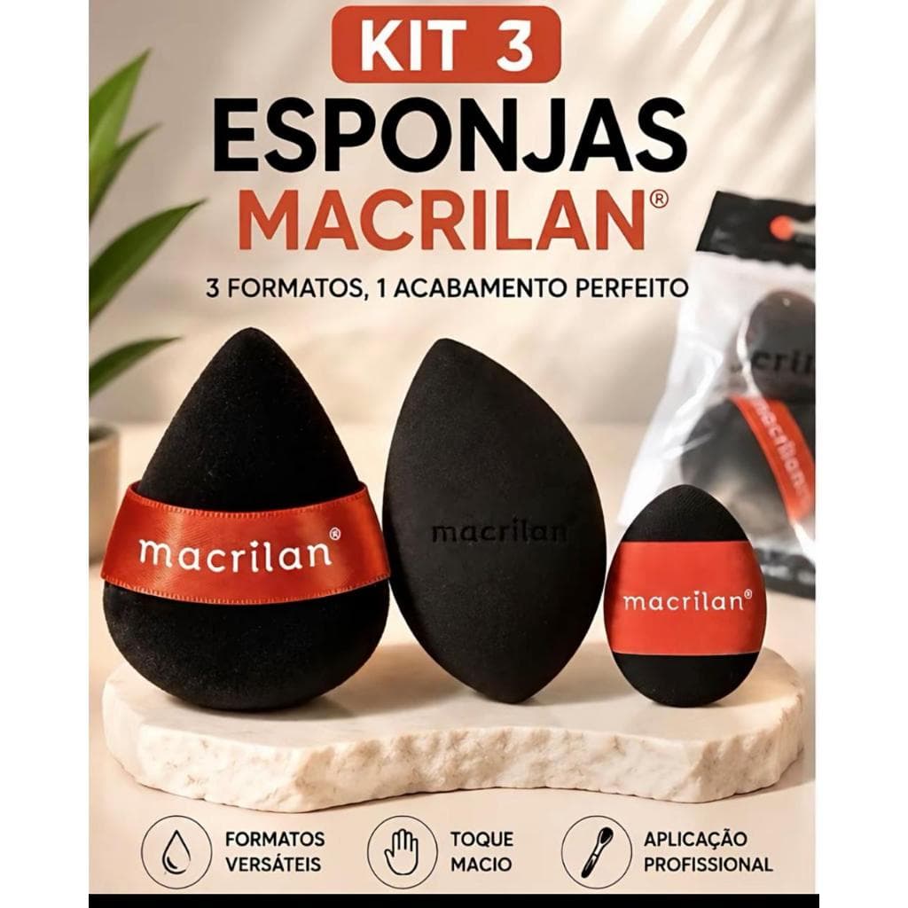Macrilan Kit 3 Esponjas Para Maquiagem Gota Chanfrada Mini Puff Profissional Base Corretivo Pó Ep26 Esponja Macia e Conf