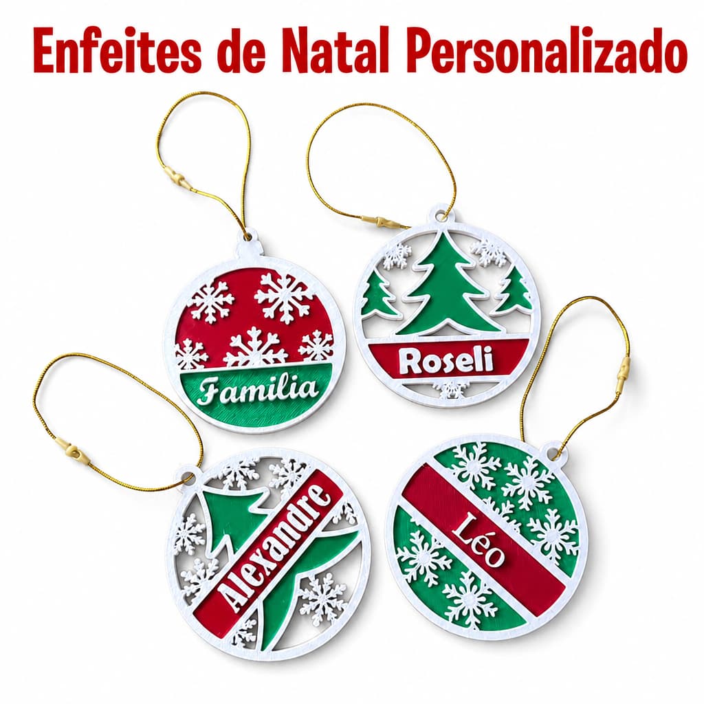 Kit 4 Enfeites de Natal Personalizado com Nomes Decoração Árvore Natal Família Cordão Dourado Presente Personalizado