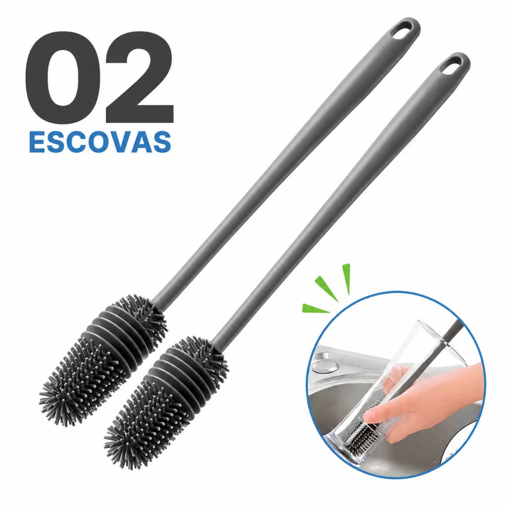 Escova de Silicone Para Lavar Louça Copos Garrafas Mamadeiras Taças Cabo Longo