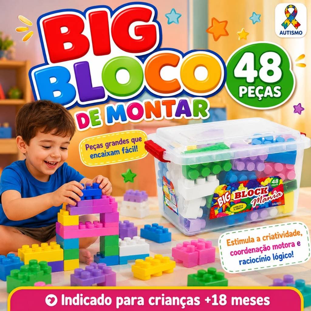Blocos De Montar 48 Peças Grandes E Coloridas  - Brinquedo Infantil Educativo Presente Dia Das Crianças +18 Meses