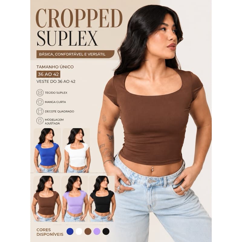 Blusa Cropped Feminina Manga Curta Suplex Básica Casual Ajustada