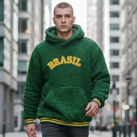 Blusa De Frio Teddy\Sherpa Masculina  Iverno Moderno Brasileira Amarela e Verde Escuro Bolso Canguru e Capuz
