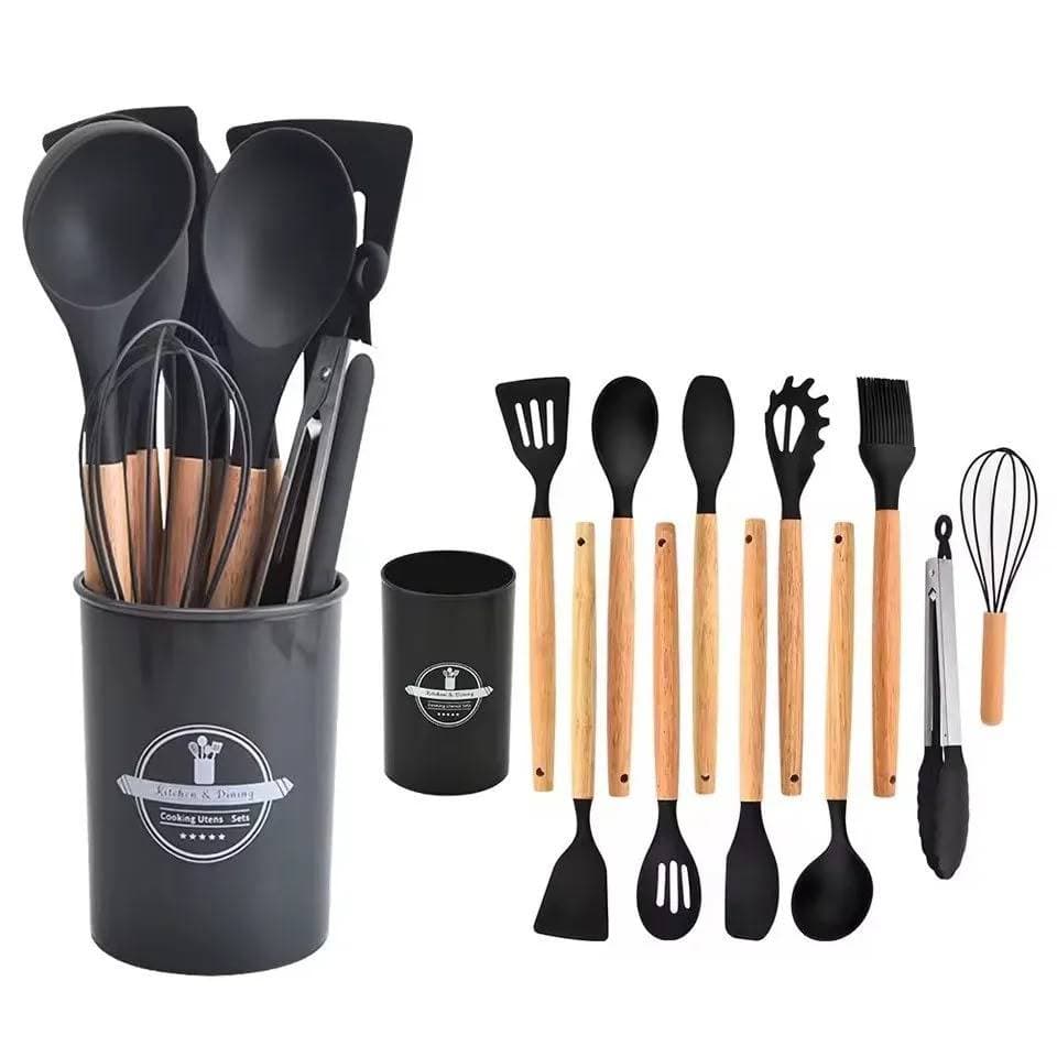 Kit 12 Utensílios de Cozinha em Silicone com Cabo de Madeira Espátulas Colheres Concha Pegador Kit Completo