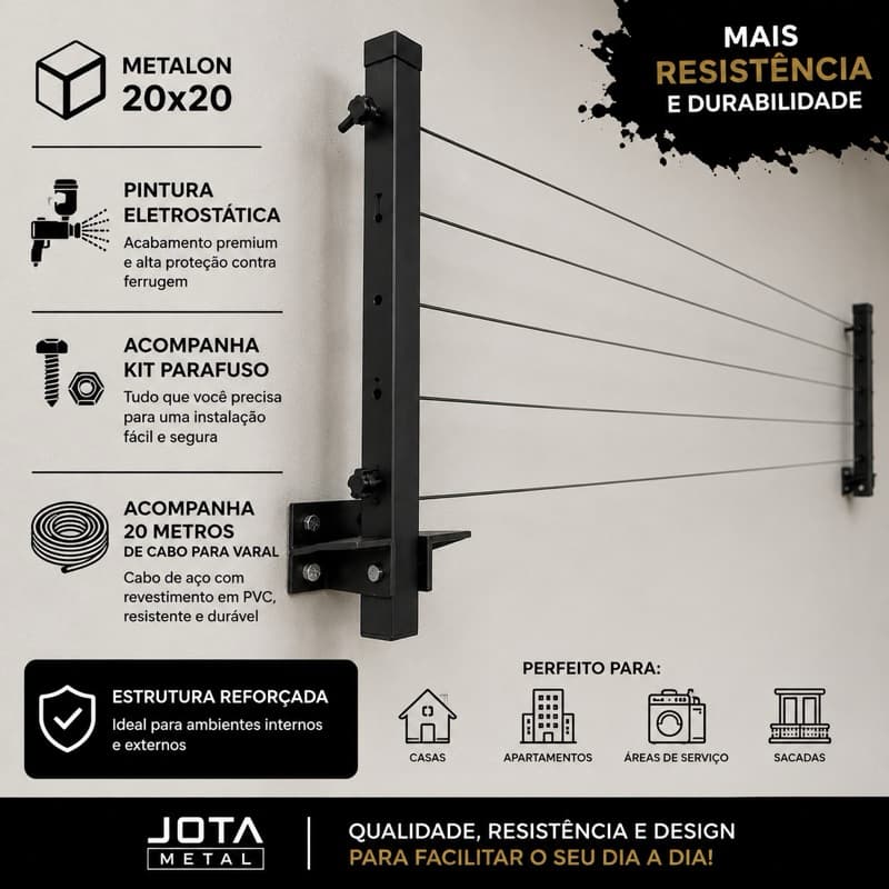 Varal Retrátil de Parede em Metalon 20x20 | Pintura Eletrostática | 20m de Cabo + Kit Parafusos
