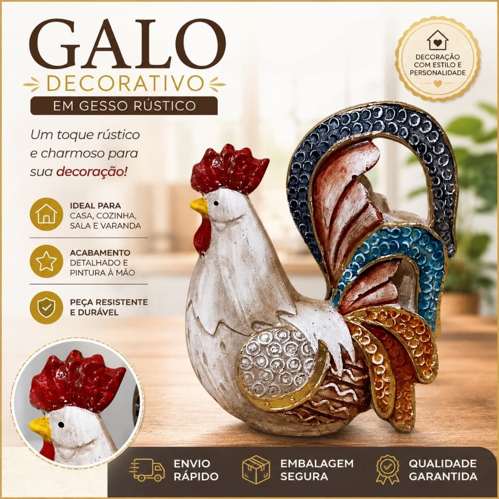 Galo Decorativo em Gesso Colorido – Enfeite Rústico para Cozinha, Mesa ou Prateleira
