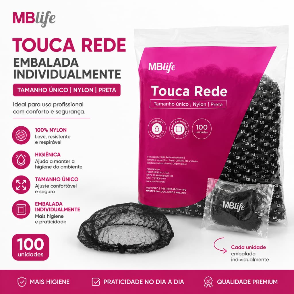Kit Com 50 ou 100 Unidades De Touca Preta de Nylon Descartavel Embalada Individualmente