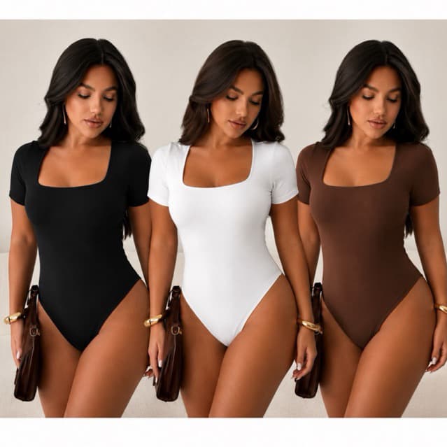 Kit Body Feminino Decote Quadrado bory manga curta