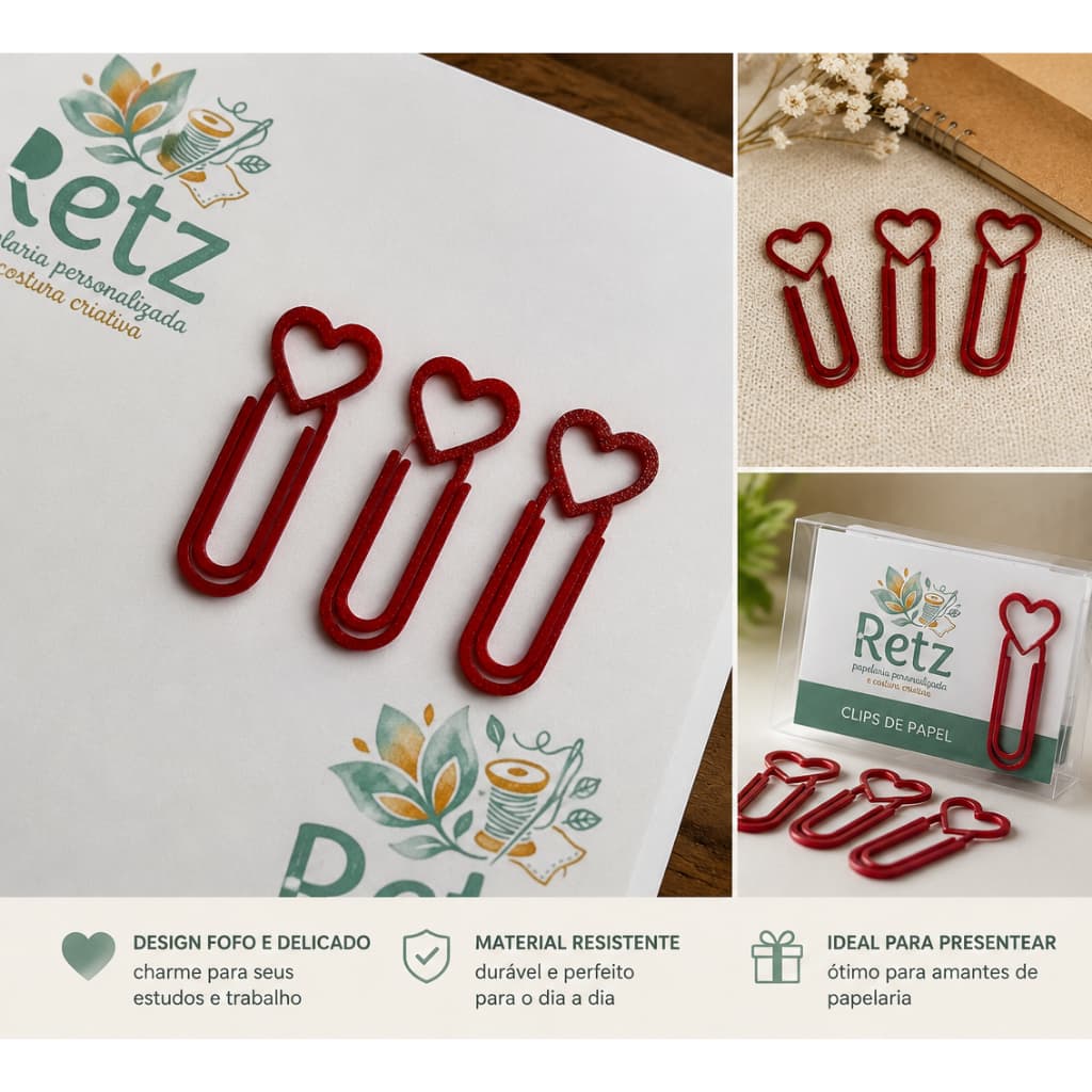 Clips de Papel Coração | Marcador de Página para Planner, Agenda e Livros | Papelaria Fofa |