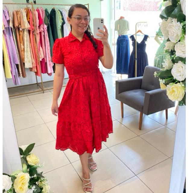Vestido Mídi Vermelho Moda Evangélica Vestido Lase Bordado