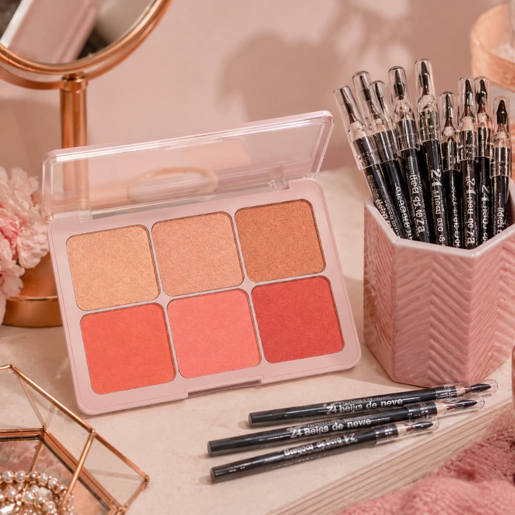 Paleta de Blush e Iluminador Ruby Rose Flash Cheeks Maquiagem Profissional 6 Cores Make Premium Longa Duração