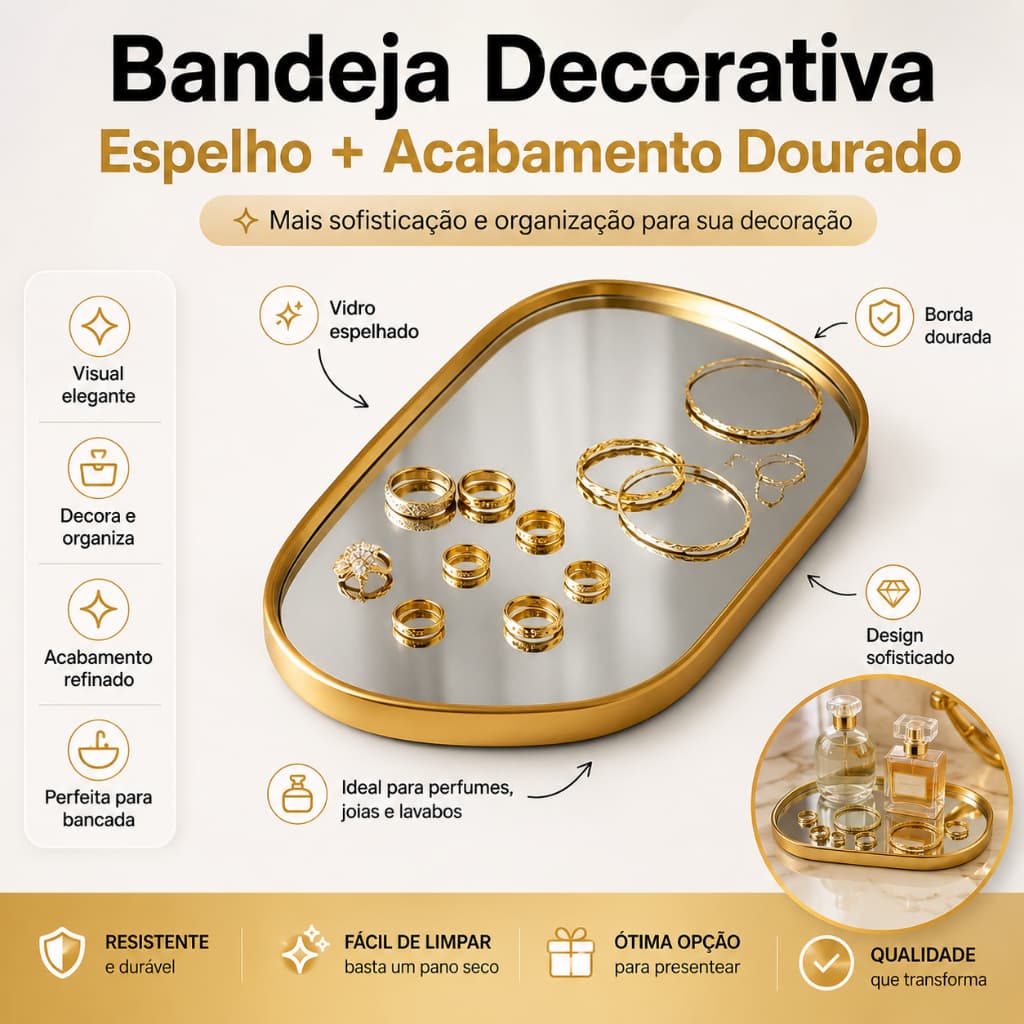 Bandeja Espelhada Decorativa 29cm com Acabamento Dourado | Organizador de Perfumes, Cosméticos e Penteadeira