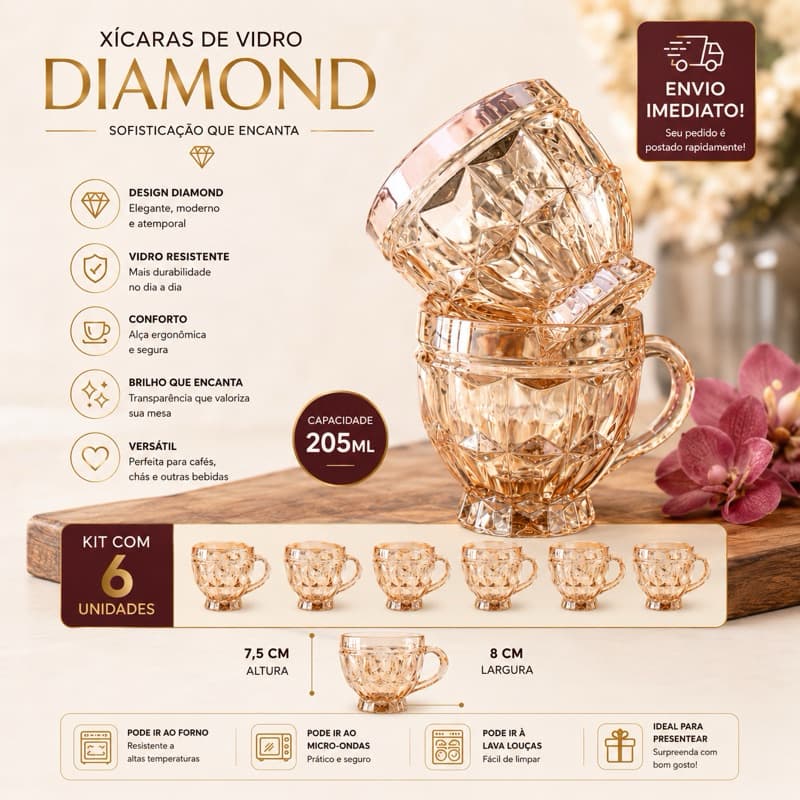 Jogo de Xícaras Vidro Lapidado c/6 Riviera Âmbar 220ml - Vidro Resistente para Café, Chá Cappuccino