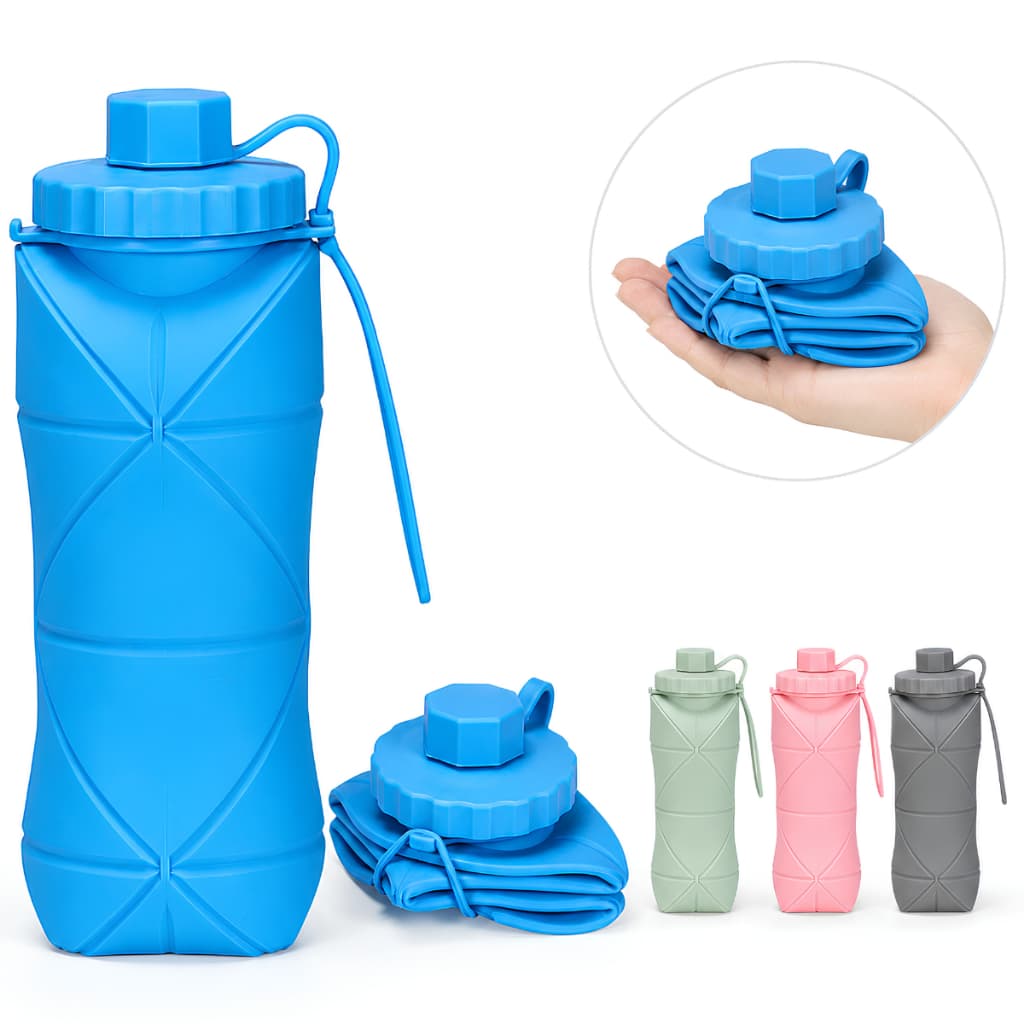 Garrafa de Água Dobrável Silicone 600ml Retrátil Portátil Tampa Rosqueável Anti-Vazamento Sem BPA Academia Viagem