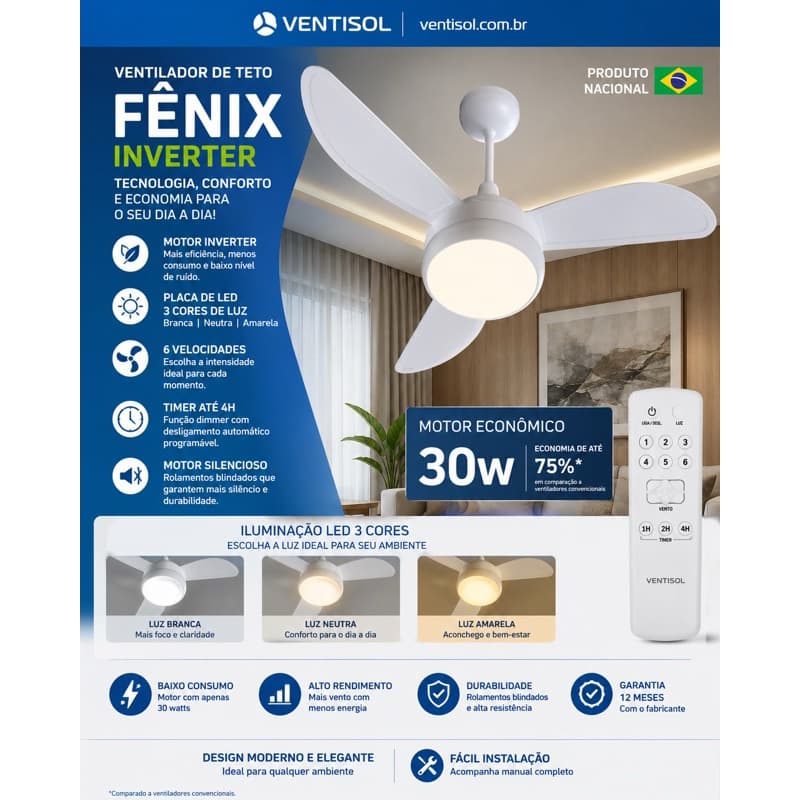 VENTILADOR TETO FENIX C/CONTROLE REMOTO PLACA DE  LED BR INVERTER BIVOLT VENTISOL