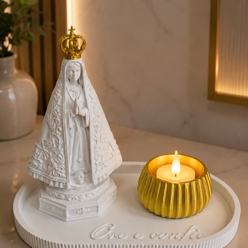 Kit Nossa Senhora Aparecida com Bandeja e Porta-Vela | Ore e Confie | Decoração Religiosa