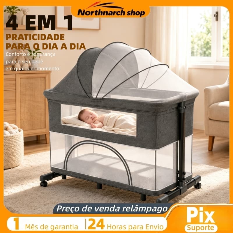 Berço portátil multifuncional com cercadinho, cama compartilhável, mosquiteiro e moisés dobrável– fácil de transportar