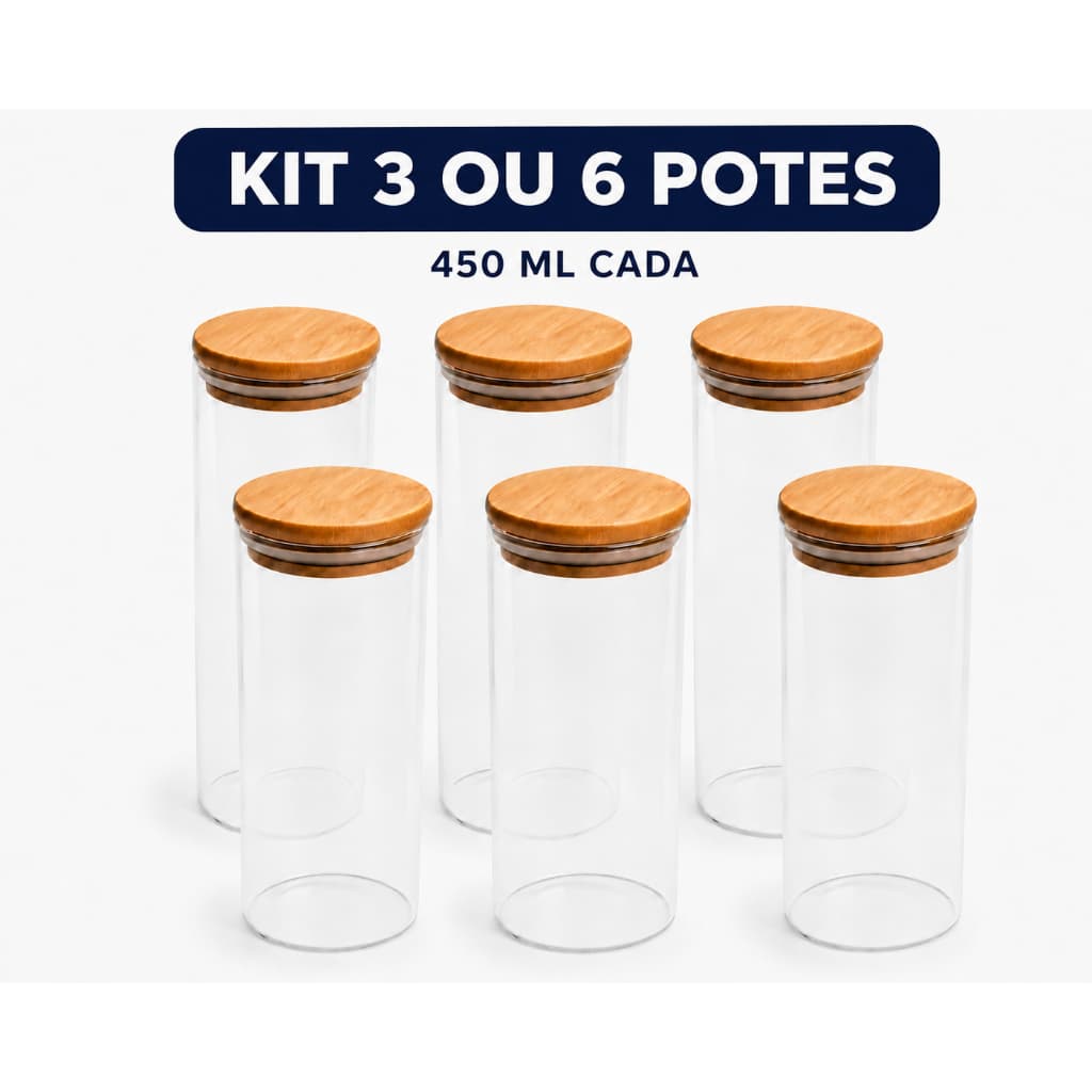 Kit 3 ou 6 Potes de Vidro Herméticos Redondos OIKOS 450ml com Tampa de Bambu