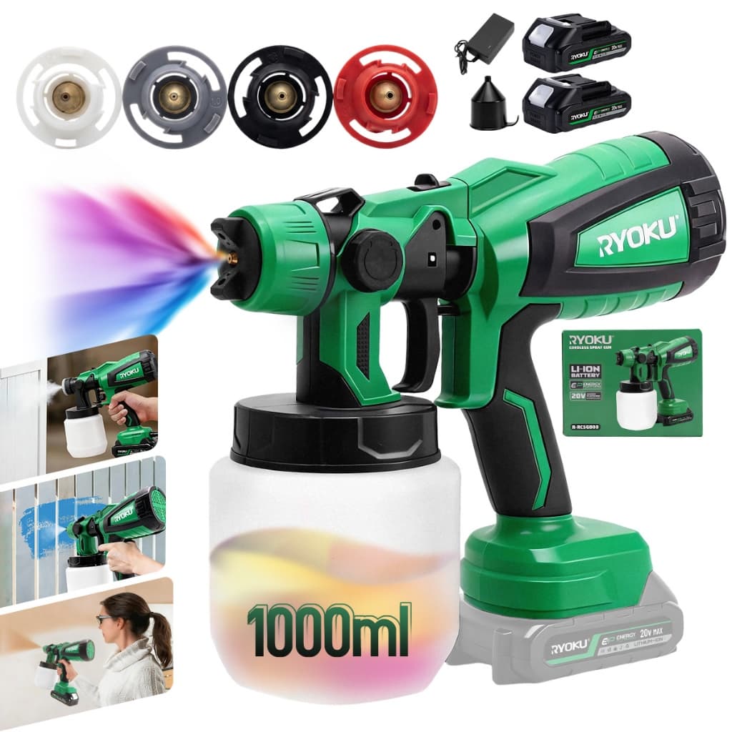 RYOKU Portable paint spray gun 20v batteries 800W, 4 Nozzles and 3 Spray Modes, 1000ml