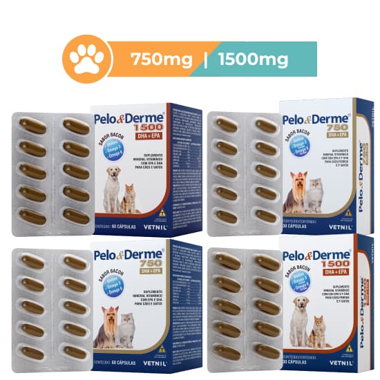 Pelo e Derme 750 e 1500 DHA EPA para Cães e Gatos 30 ou 60 Cápsulas Vetnil